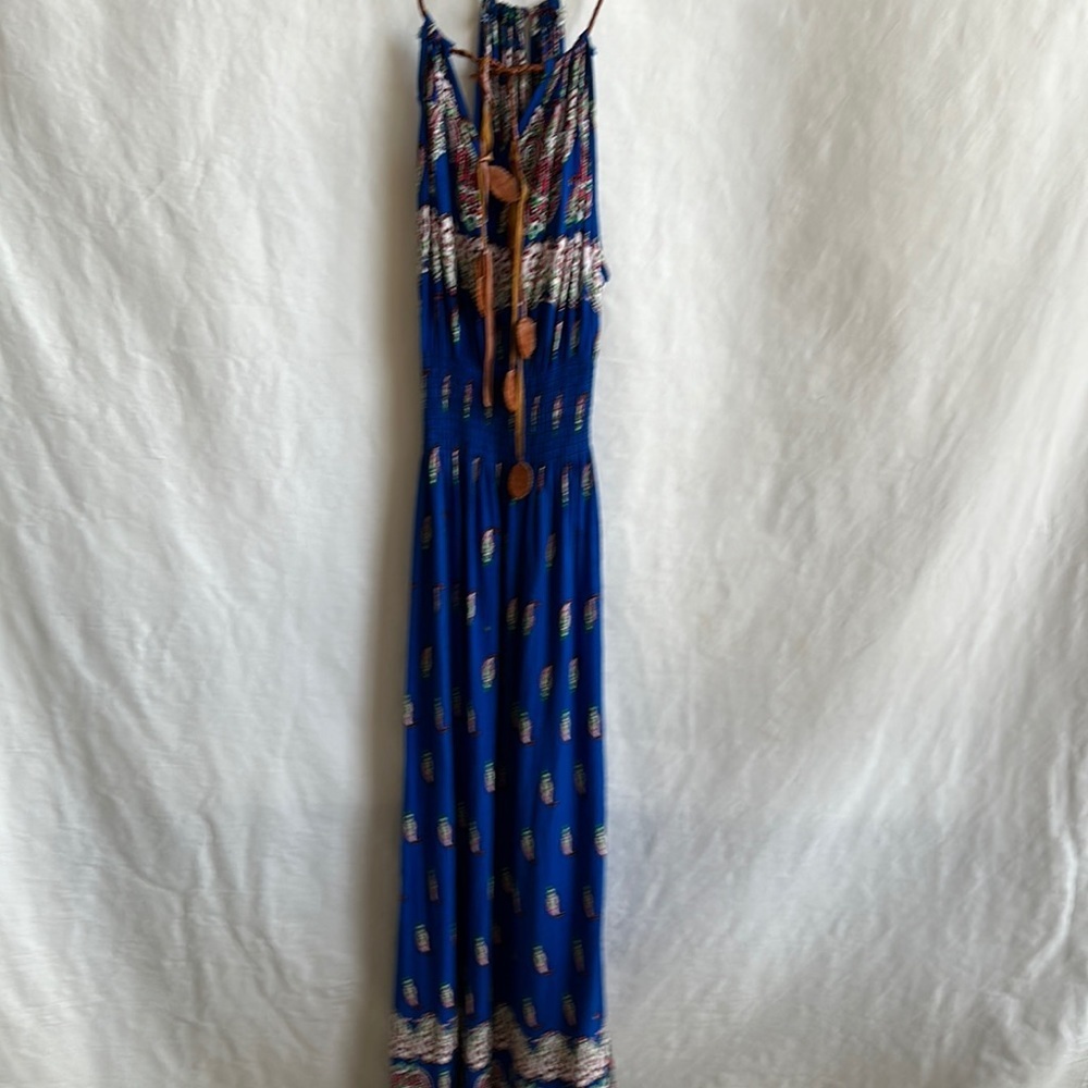 Royal blue print maxi halter dress with faux leather tie, size XS/S - Picture 1 of 9